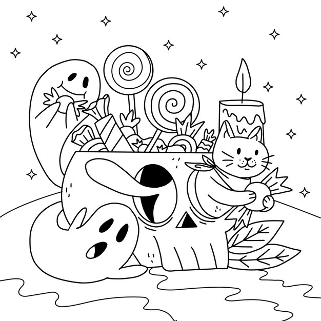 ハロウィーンのお祝いのための手描きの着色ページのイラスト