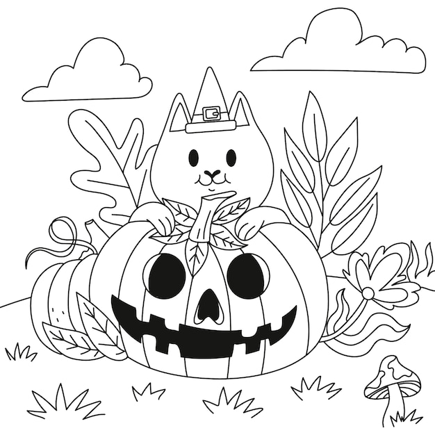 ハロウィーンのお祝いのための手描きの着色ページのイラスト