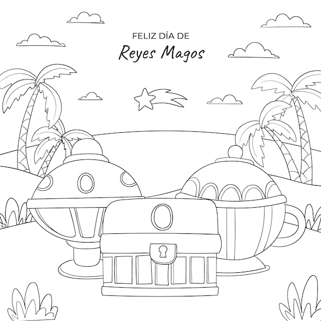 Free vector hand drawn coloring page illustration for reyes magos