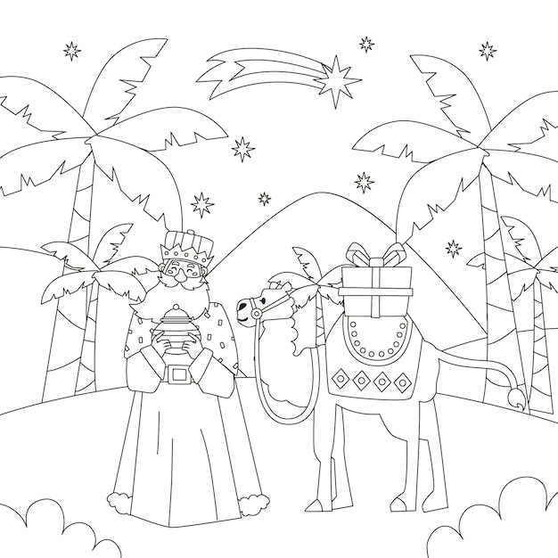 Free vector hand drawn coloring page illustration for reyes magos