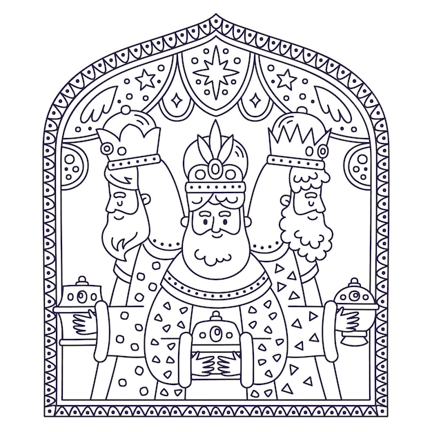 Free vector hand drawn coloring page illustration for reyes magos