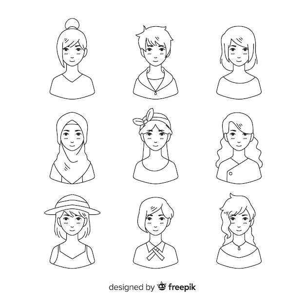 Hand drawn colorless avatar collection
