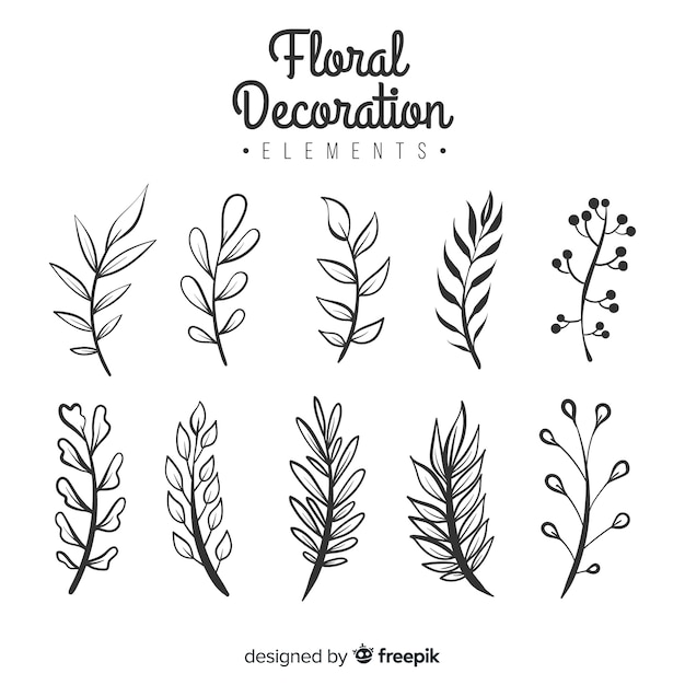 Hand drawn colorless floral decorative elements