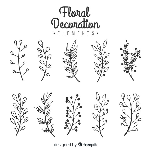 Hand drawn colorless floral decorative elements