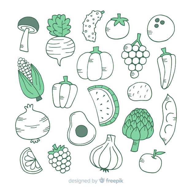 Бесплатное векторное изображение Ручной обращается бесцветный фрукт и овощ фон