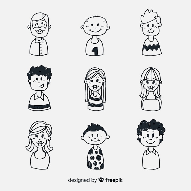 Hand drawn colorless people avatar collection