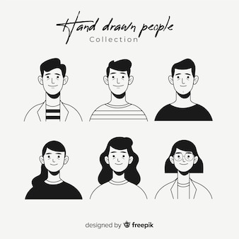 Hand drawn colorless people avatar collection
