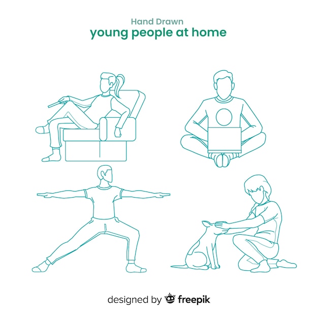 Hand drawn colorless people at home collection