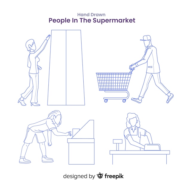 Hand drawn colorless people in the supermarket pack