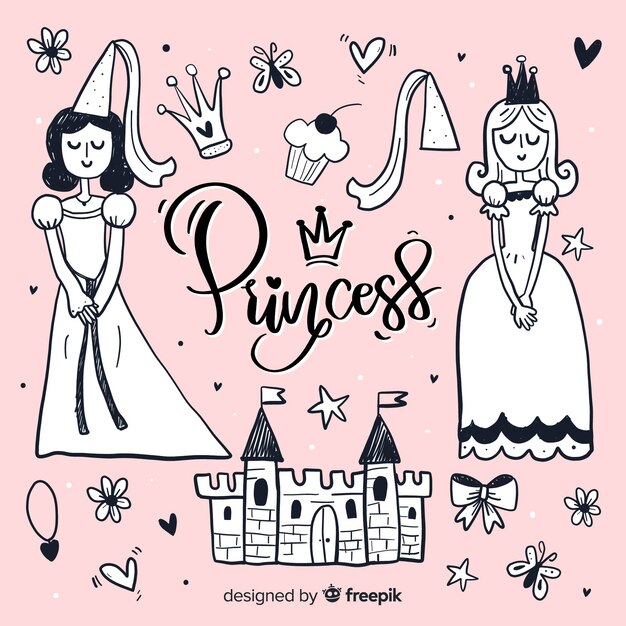 Hand drawn colorless princess and objects background