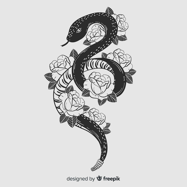 Hand drawn colorless snake with flowers background