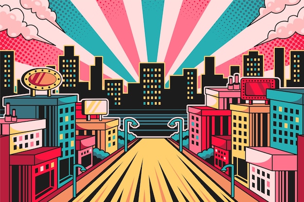 Free vector hand drawn comic book city background