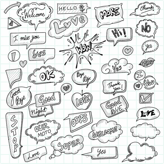 Hand drawn comic speech bubbles with popular message sketch design