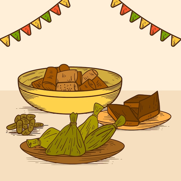 Vettore gratuito illustrazione disegnata a mano dell'alimento di comida junina