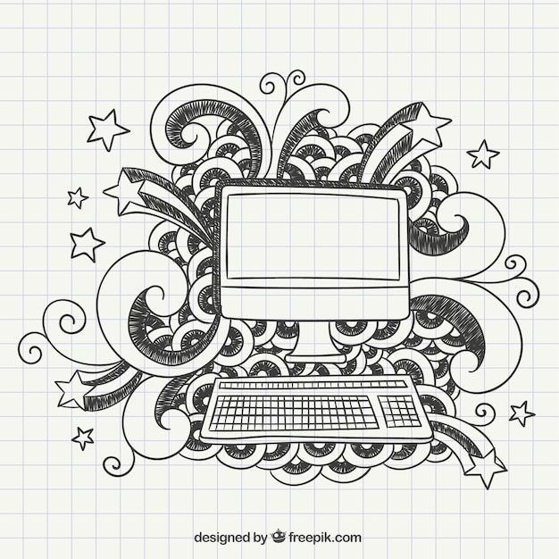 Mano del computer disegnato in un quaderno