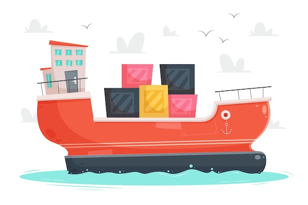 Free vector hand drawn container ship and birds