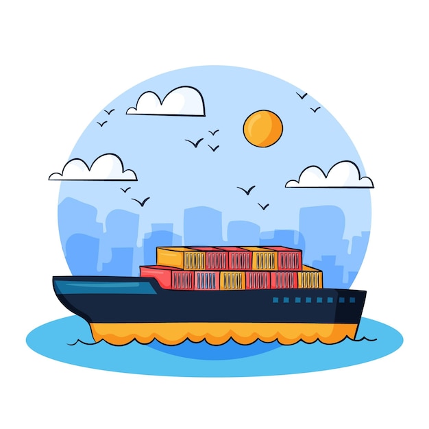 Hand drawn container ship illustrated