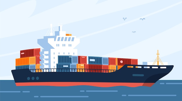 Free vector hand drawn container ship on sea