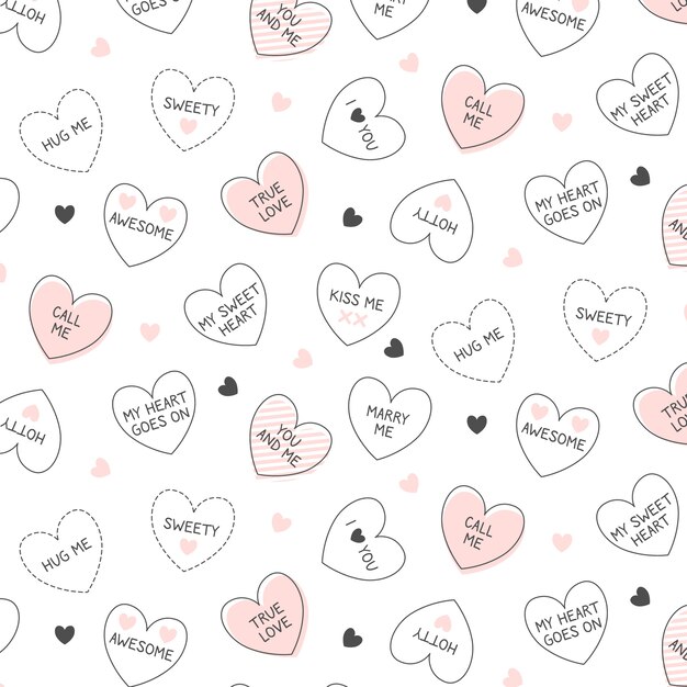 Hand drawn conversation hearts repetitive pattern