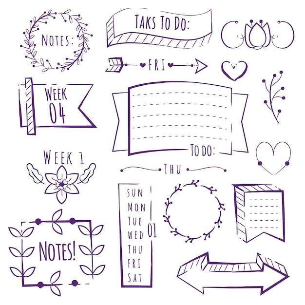 Hand drawn copy space bullet journal elements