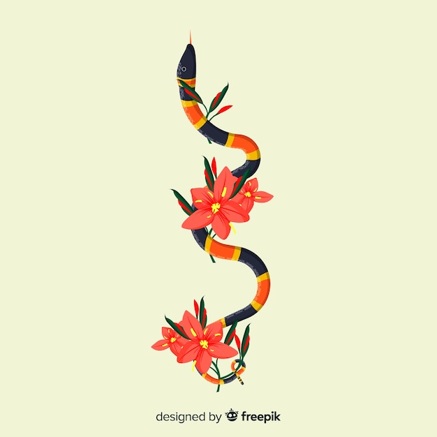 Hand drawn coral snake with flowers background