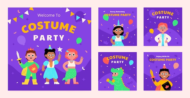 Free vector hand drawn costume party  instagram posts