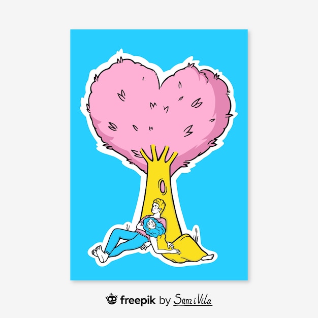 Hand drawn couple behind heart tree illustration