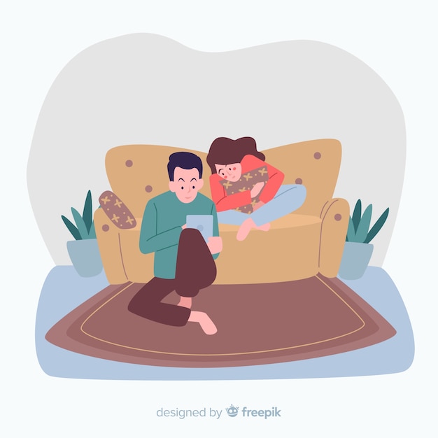 Free vector hand drawn couple at home background