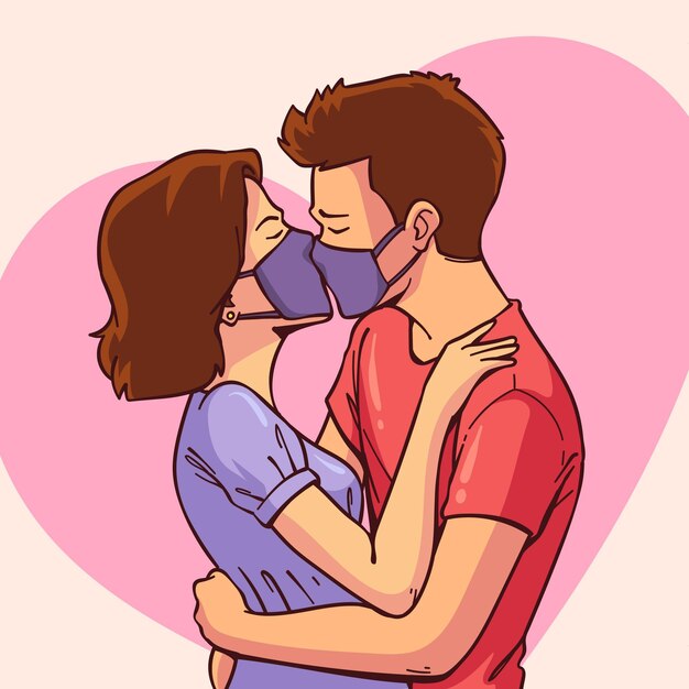 手描きのカップルがcovidマスクイラストでキス