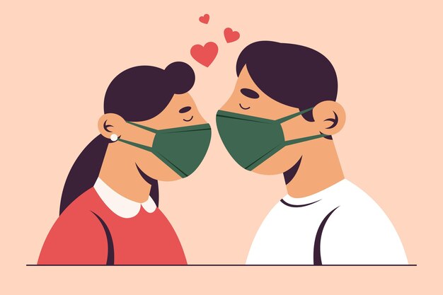 Hand drawn couple kissing with covid mask illustration