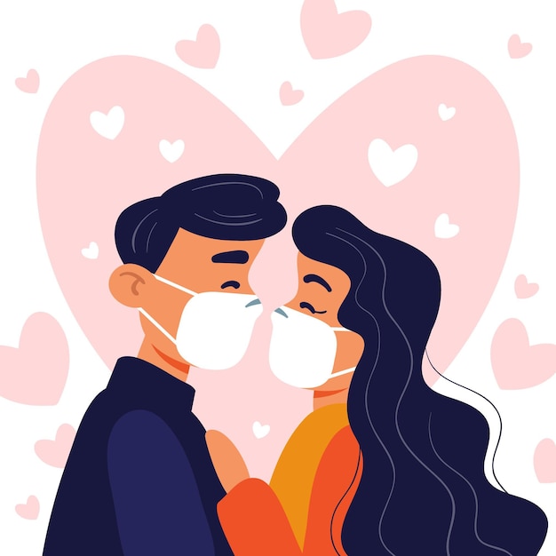 無料ベクター 手描きのカップルがcovidマスクイラストでキス