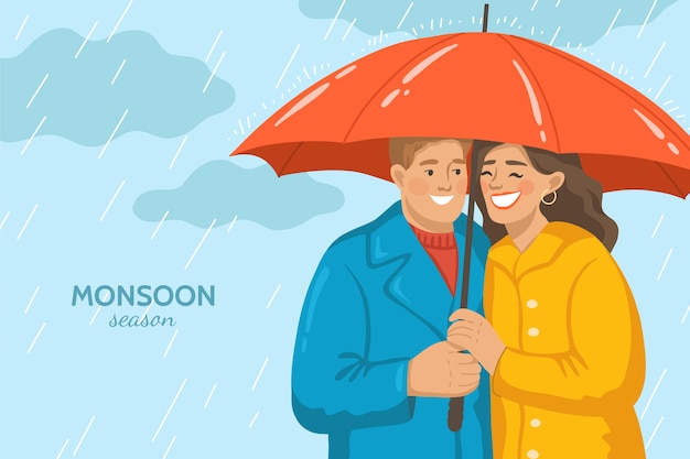 Free vector hand drawn couple monsoon season background