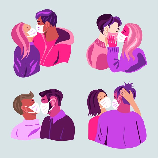 Hand drawn couples kissing with covid mask illustration