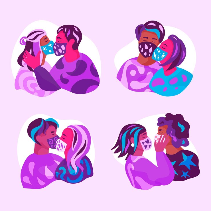Free Vector hand drawn couples kissing with covid mask illustration