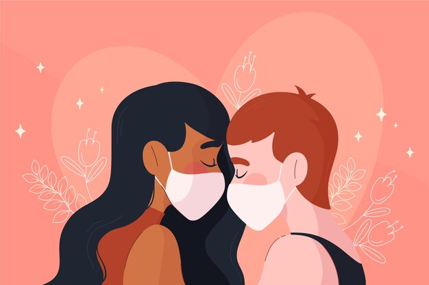 Hand drawn couples kissing with covid mask illustration