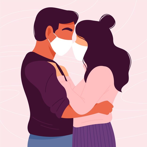 Hand drawn couples kissing with covid mask illustration