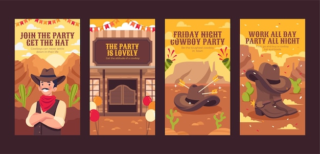 Free vector hand drawn cowboy party instagram stories set