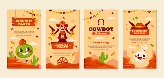 Vettore gratuito set di storie di instagram festa da cowboy disegnate a mano