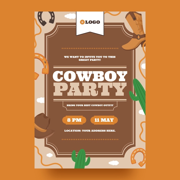 Vettore gratuito modello di invito a una festa da cowboy disegnato a mano