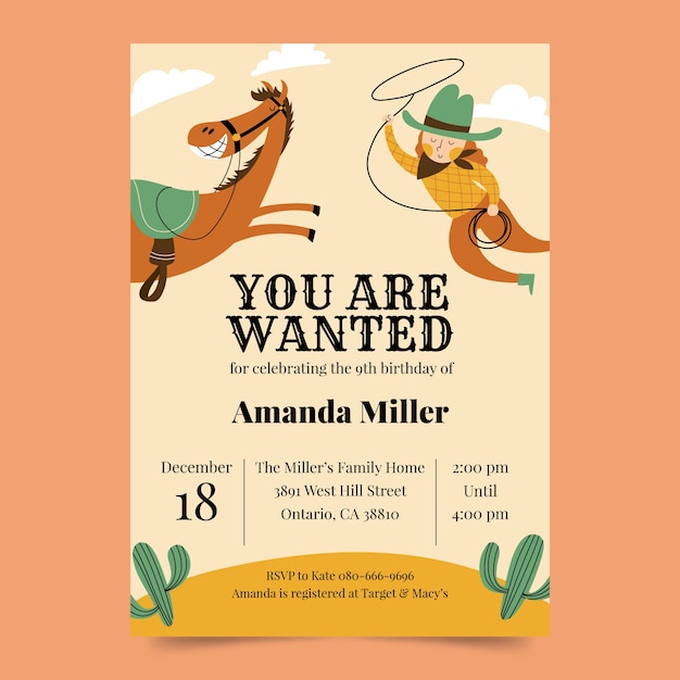 Free vector hand drawn cowboy party invitation