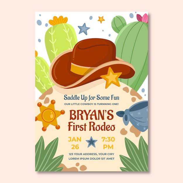 Free vector hand drawn cowboy party invitation