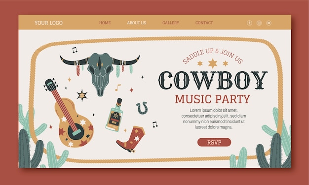 Vettore gratuito pagina di destinazione della festa da cowboy disegnata a mano