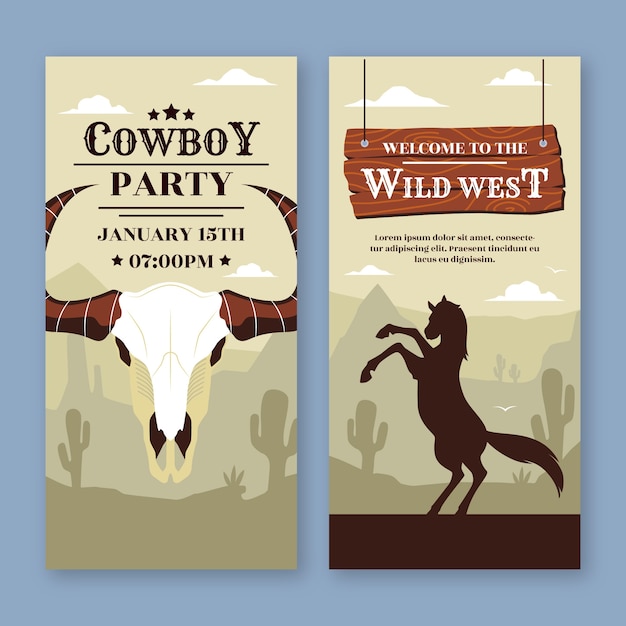 Vettore gratuito modello di banner verticale festa cowboy disegnato a mano