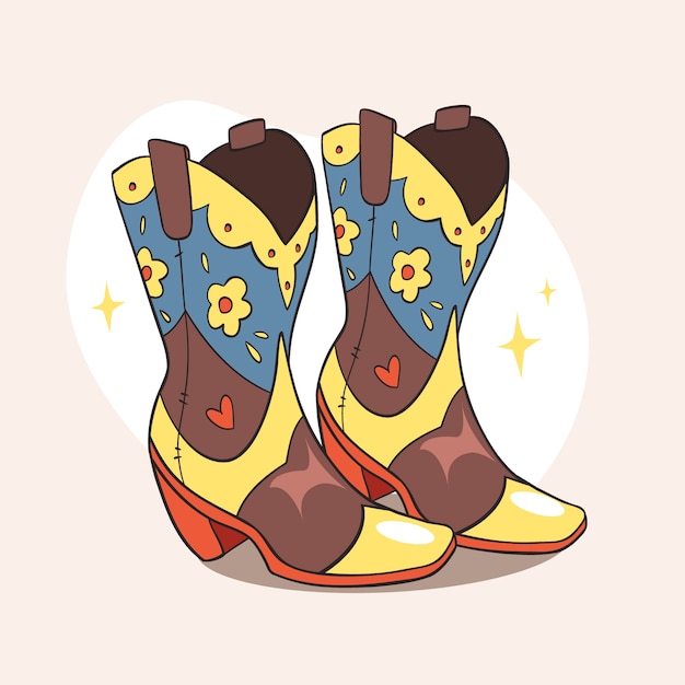 Hand drawn cowgirl boots cartoon illustration