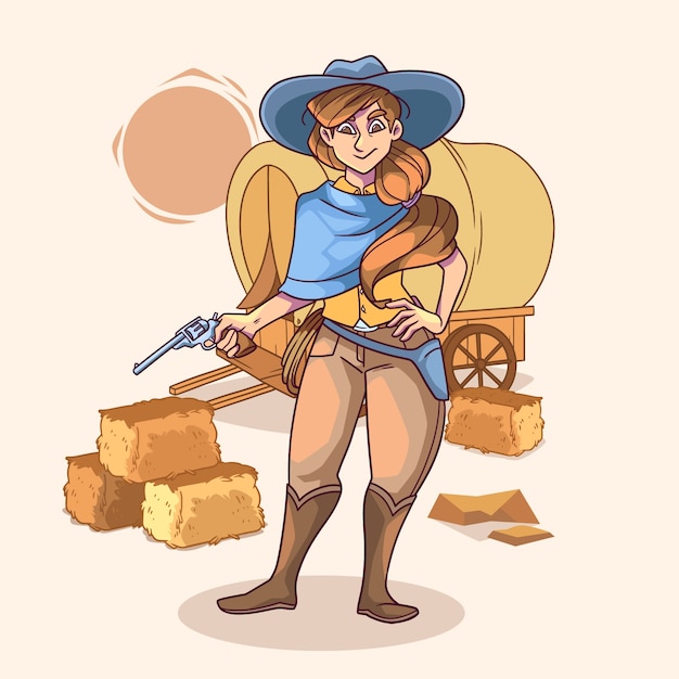 Hand drawn cowgirl  cartoon illustration