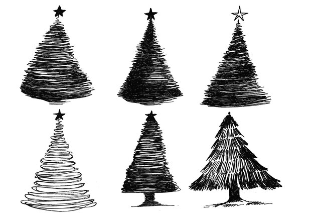 Hand drawn creative christmas sketch tree card set design