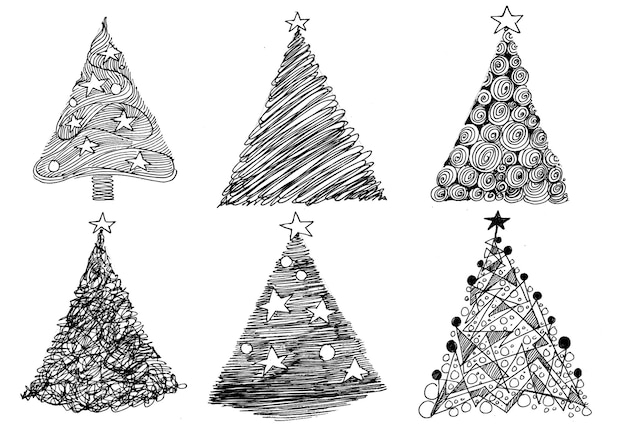 Hand drawn creative christmas sketch tree card set design