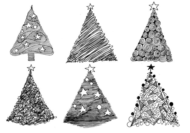 手描きの創造的なクリスマススケッチツリーカードセットのデザイン