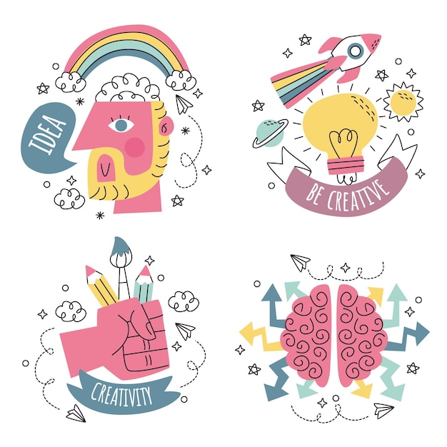 Free vector hand drawn creativity stickers pack