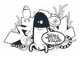 Free vector hand drawn creatures in graffiti style